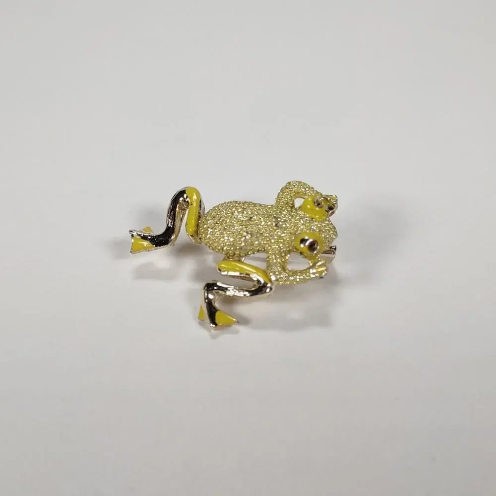 Vintage 1970's Wiggly Leg Yellow Rhinestone And Enamel Frog Brooch - Picture 3 of 6
